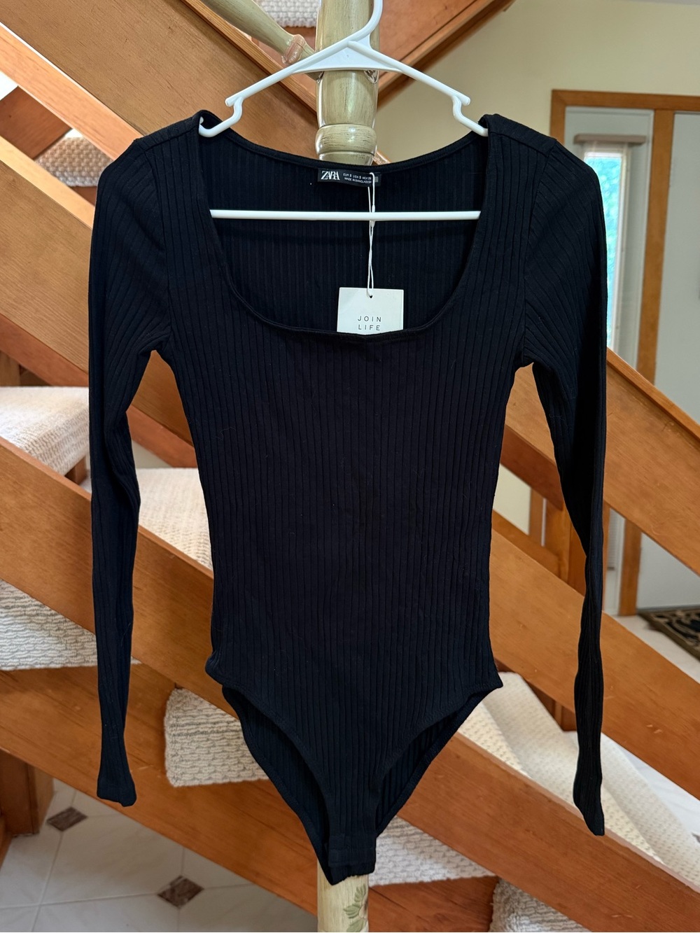 Zara Black Ribbed Long Sleeve Scoop Neck Bodysuit